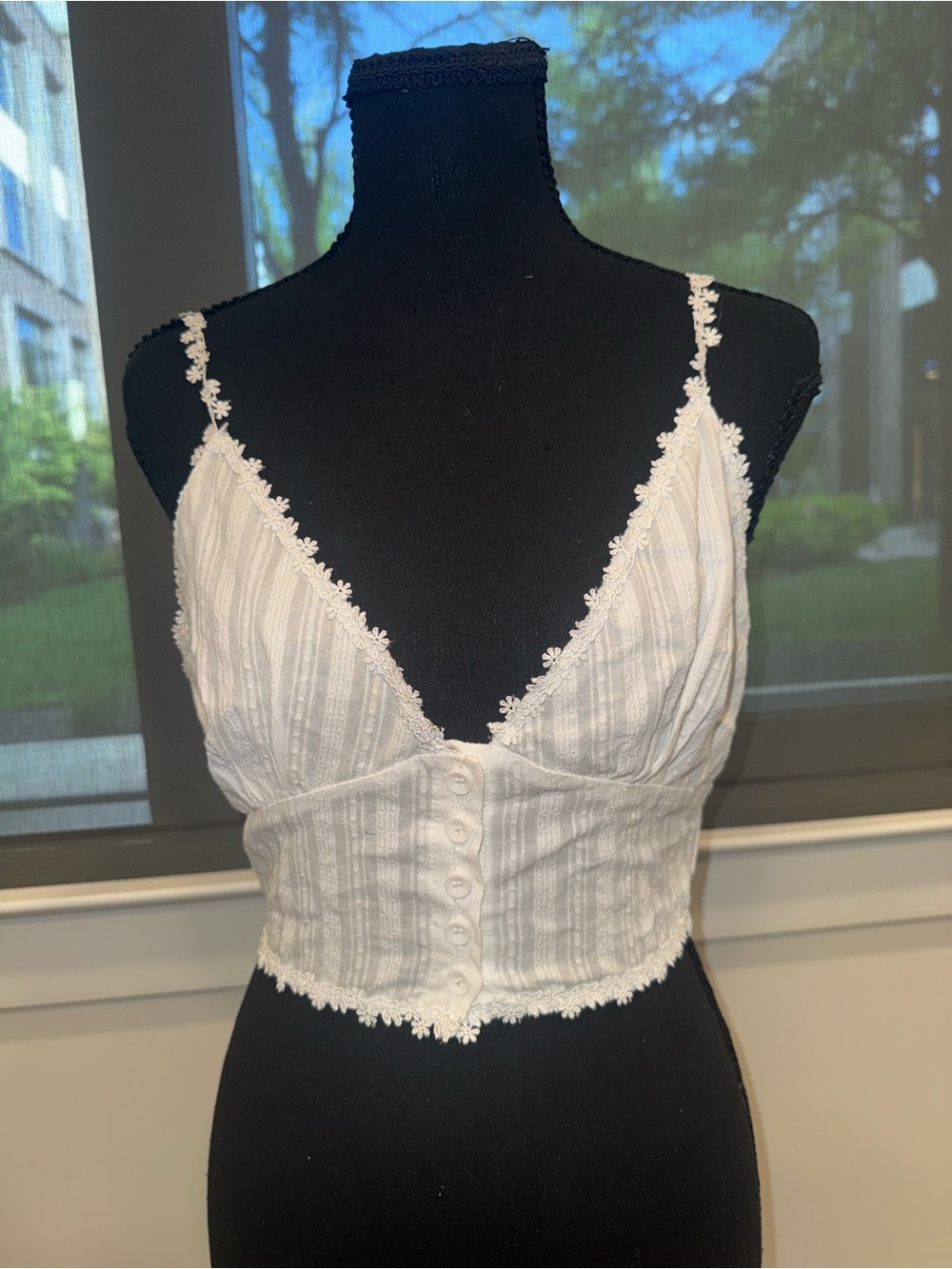 White Lace-Trim Button Front Crop Tank Top